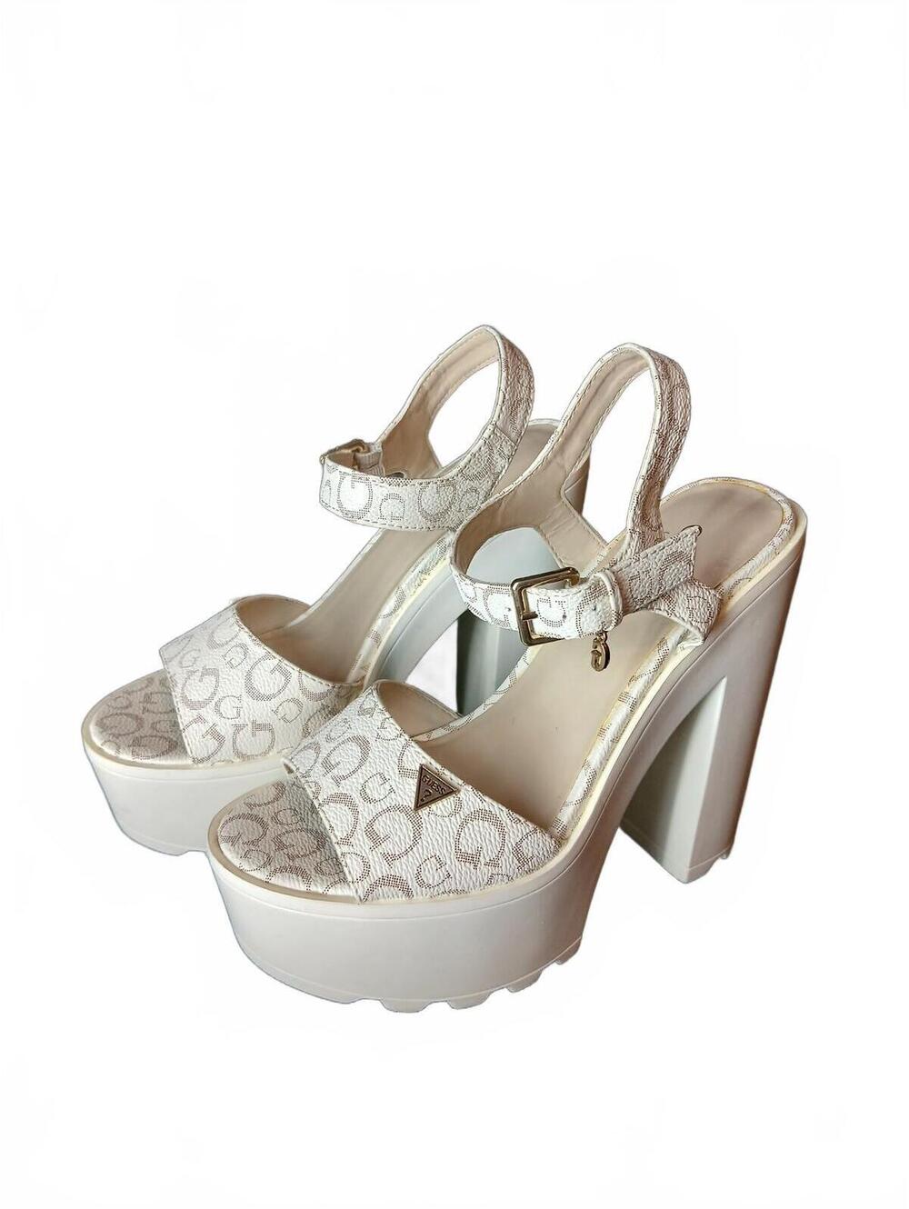 Guess Signature Logo Platform Sandals G Charm Y2K Beige/Cream Women's Size 5.5